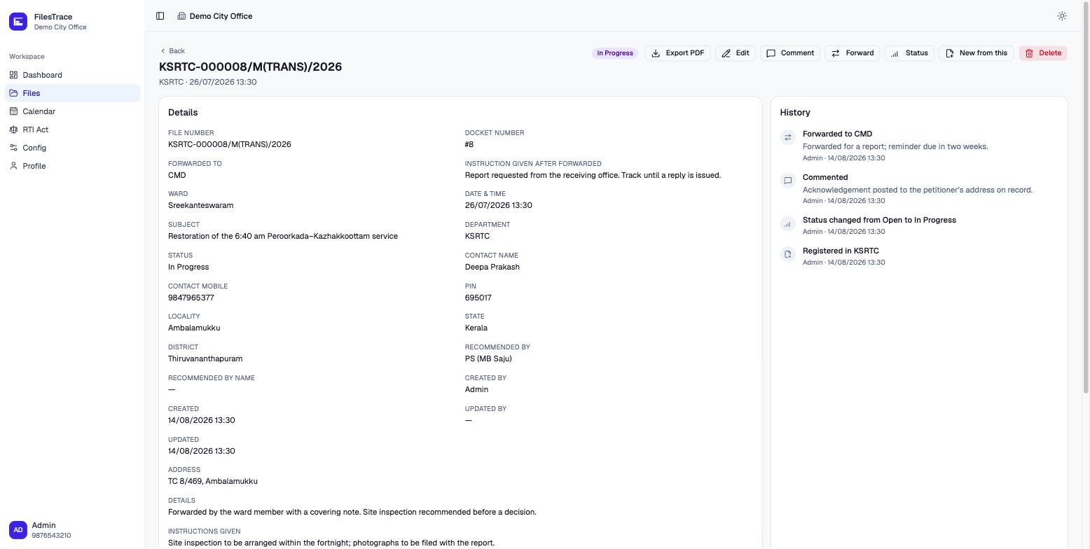 A single FilesTrace file: its details on the left — subject, department, contact, ward, instructions — and on the right a history panel listing that it was registered, its status changed, a comment added, and it was forwarded, each stamped with the user and time.