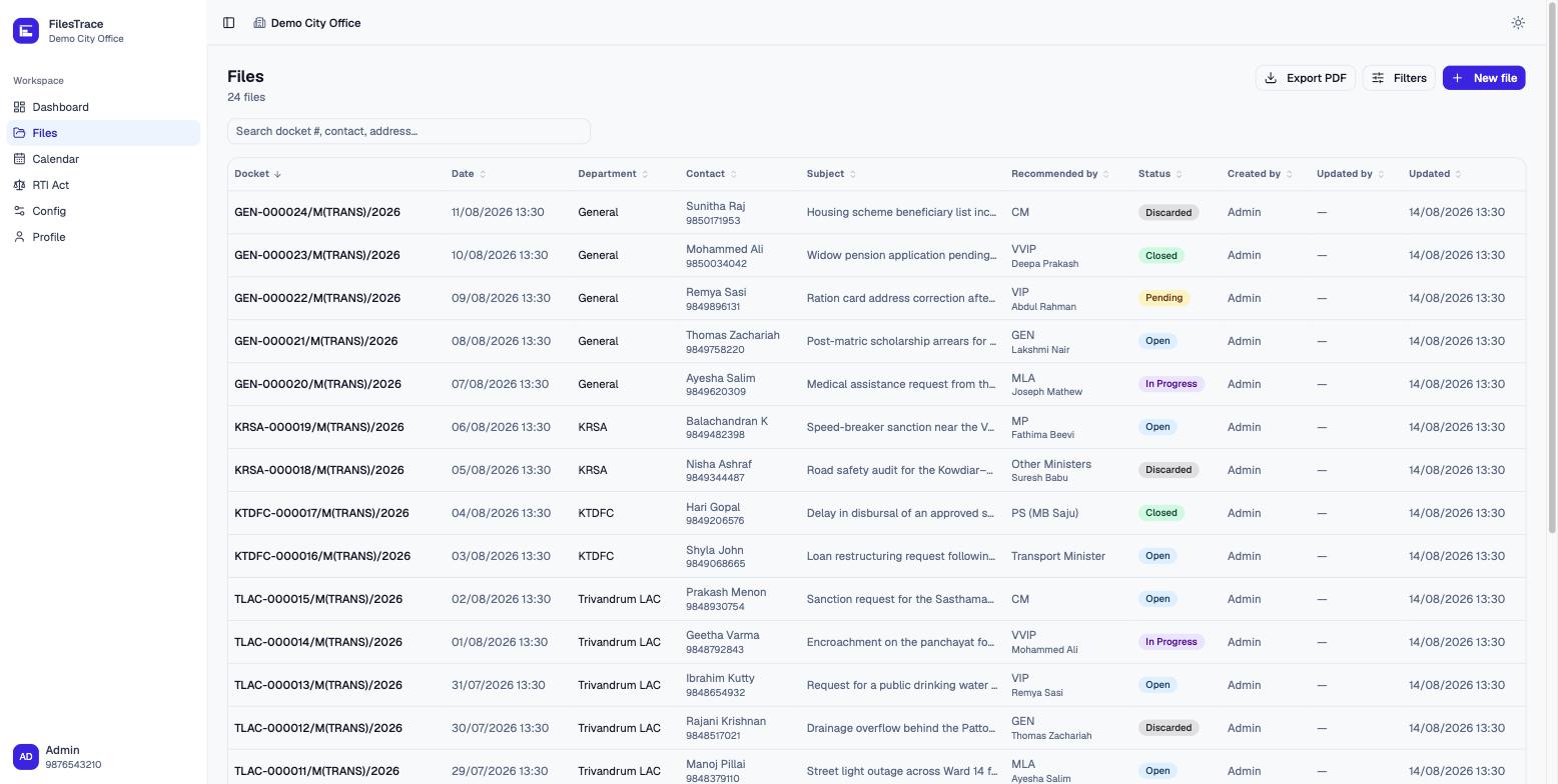 The FilesTrace file list: rows showing docket number, date, department, contact, subject, who recommended it, and a coloured status badge.